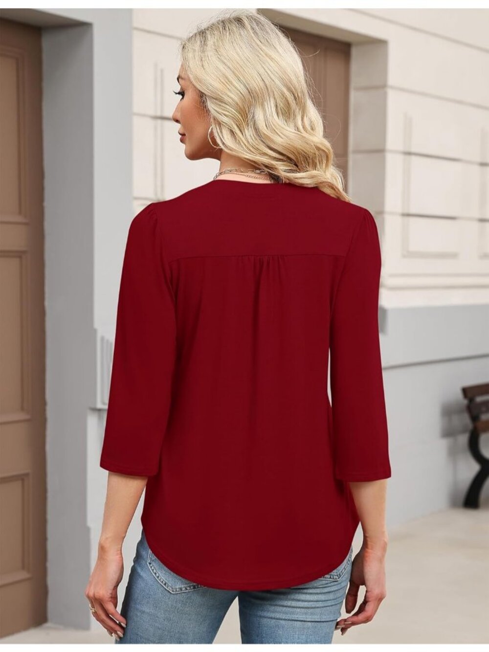 Women's Red Long Sleeve Casual Henley V-Neck Floral T-Shirt Loose Fit - Picture 5 of 5